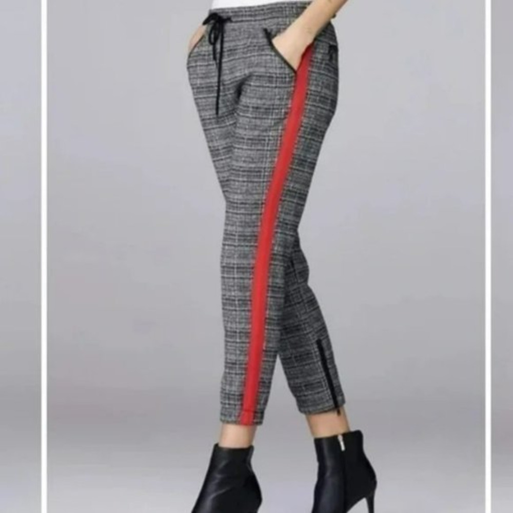 David Lerner Slim Track Jogger Pants with Vegan Details Plaid Black/White Size S